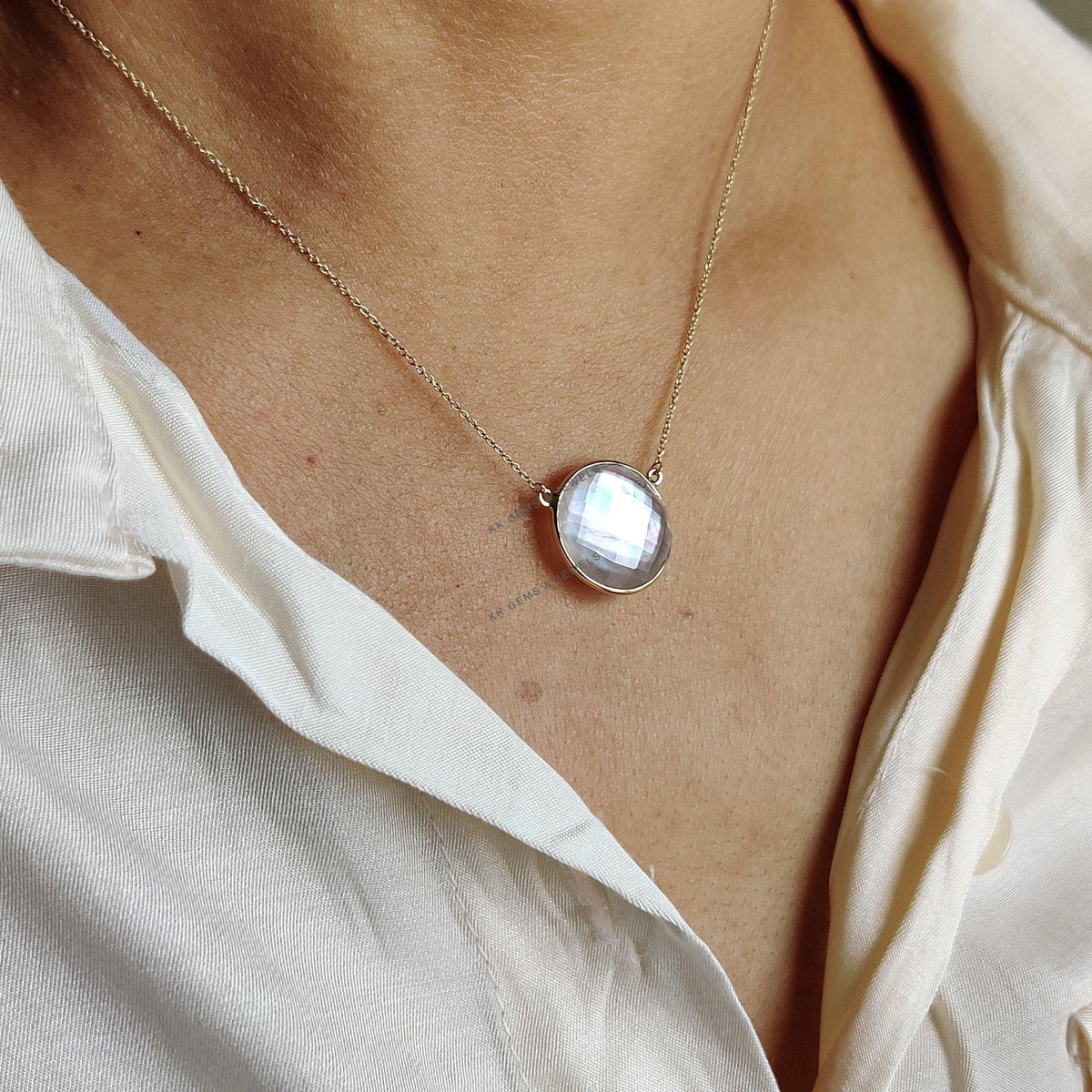 Natural MOP & Clear Quartz Doublet Pendant, 14K Solid Gold Bezel Necklace, June Birthstone, Christmas Present