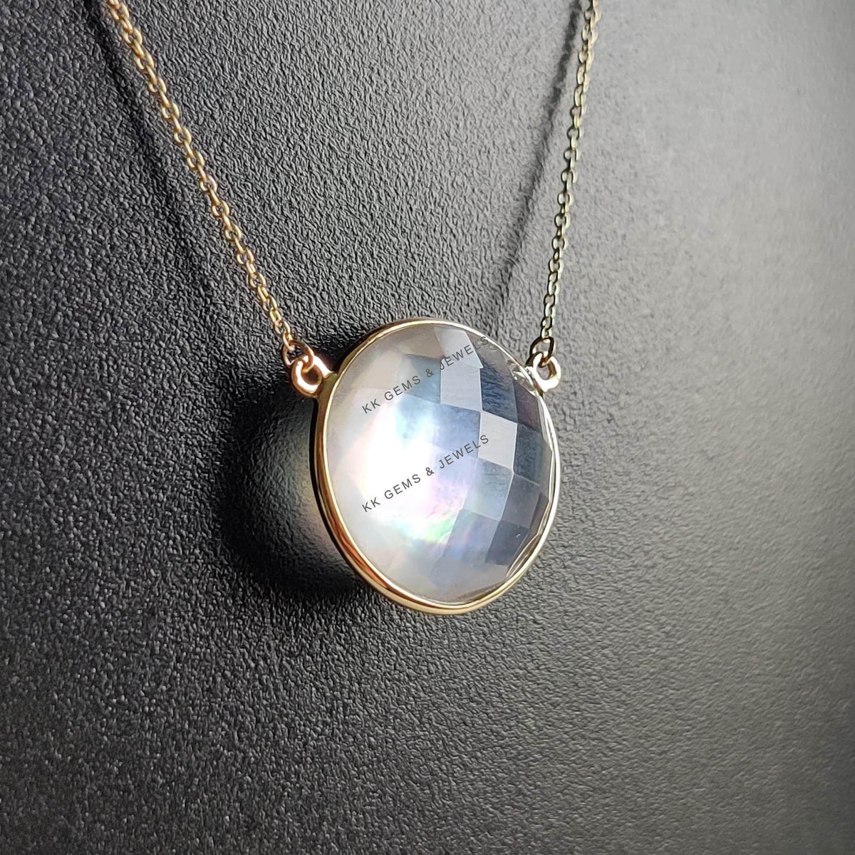 Natural MOP & Clear Quartz Doublet Pendant, 14K Solid Gold Bezel Necklace, June Birthstone, Christmas Present