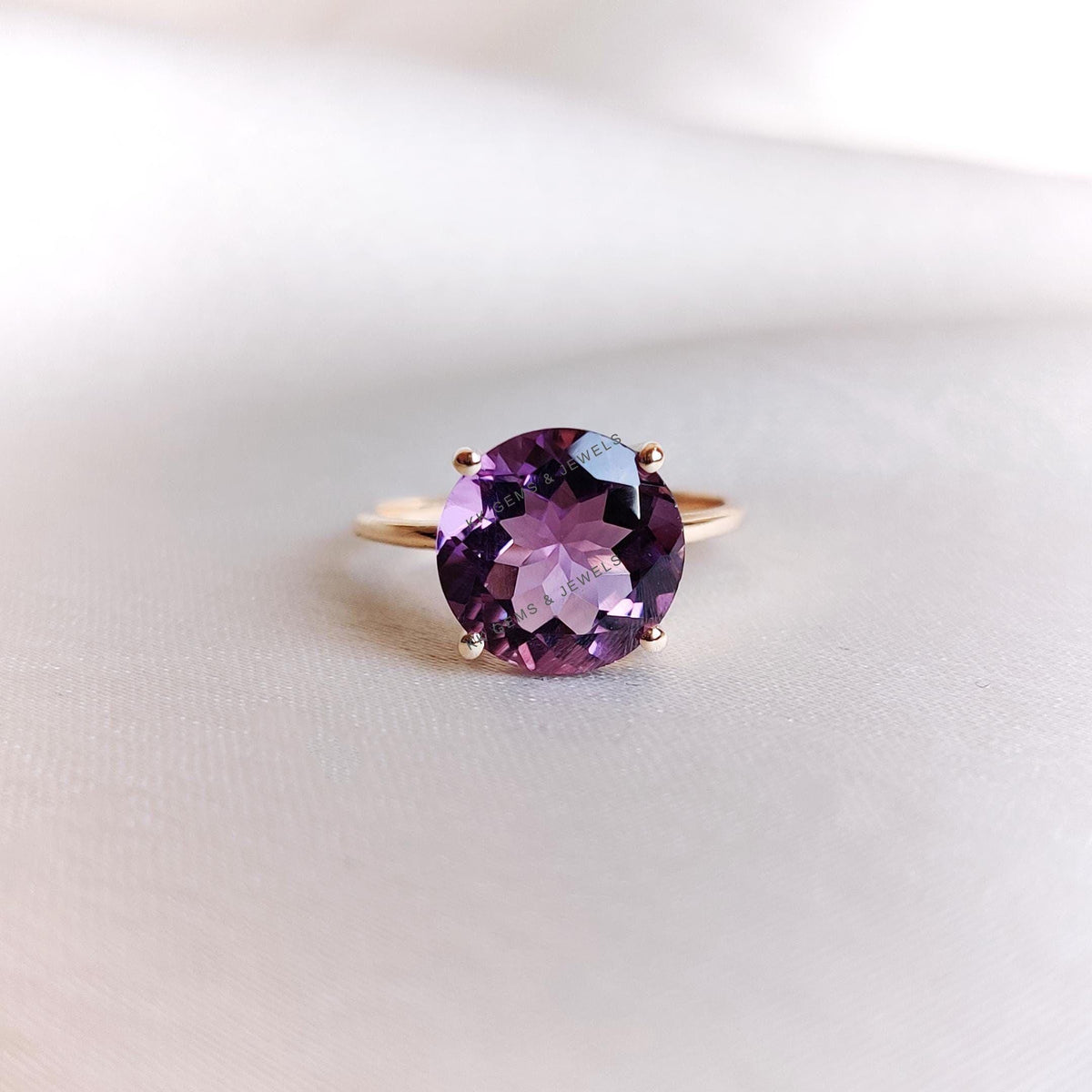 14K Solid Yellow Gold Natural Purple Amethyst Ring: February Birthstone Jewelry, Anniversary Gift