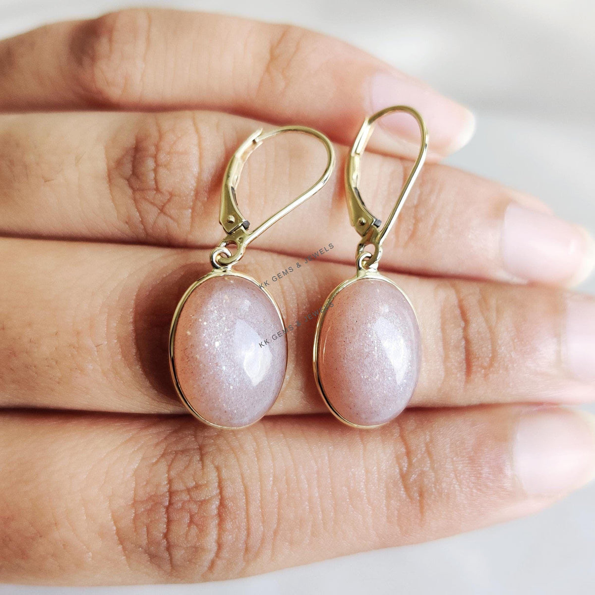 14K Solid Yellow Gold Natural Peach Moonstone Earrings, June Birthstone, Christmas Present