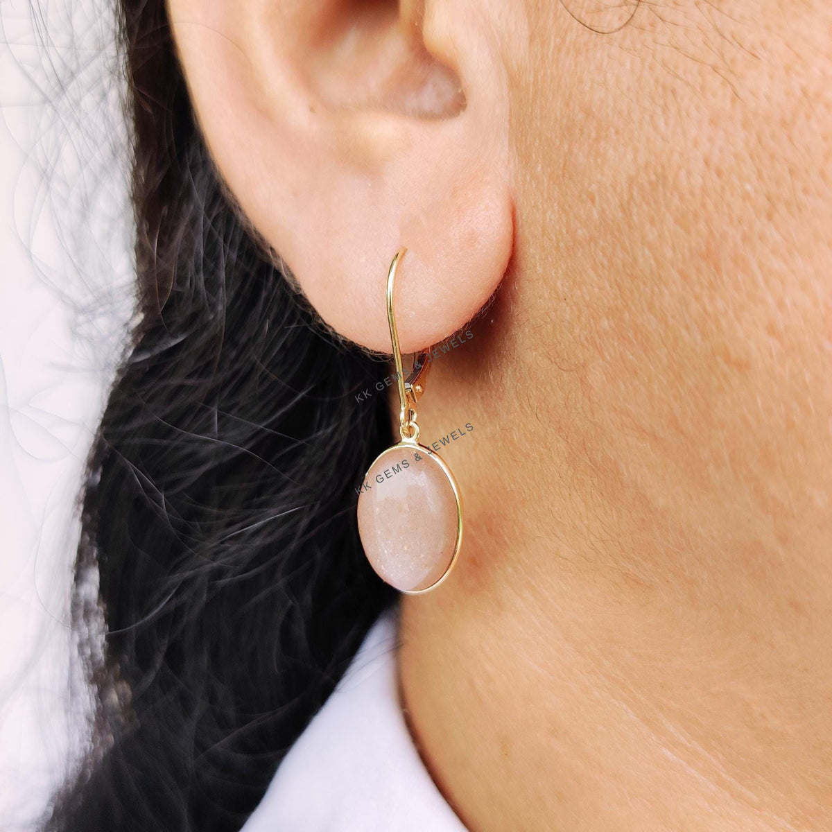 14K Solid Yellow Gold Natural Peach Moonstone Earrings, June Birthstone, Christmas Present