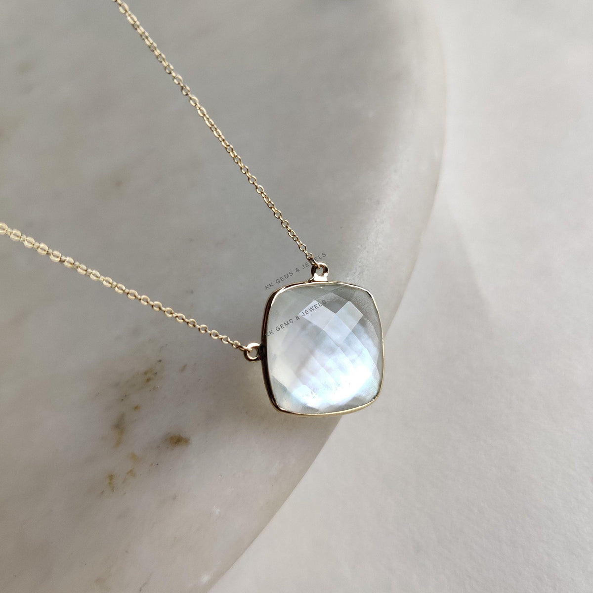 Natural Mother Of Pearl & Clear Quartz Necklace, 14K Solid Yellow Gold Chain Necklace, June Birthstone, Christmas Present