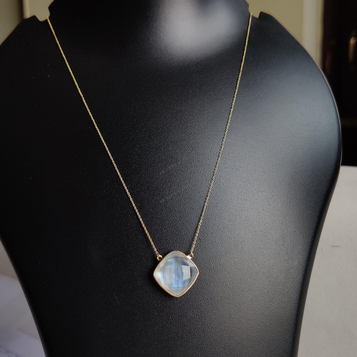 Natural Mother Of Pearl & Clear Quartz Necklace, 14K Solid Yellow Gold Chain Necklace, June Birthstone, Christmas Present