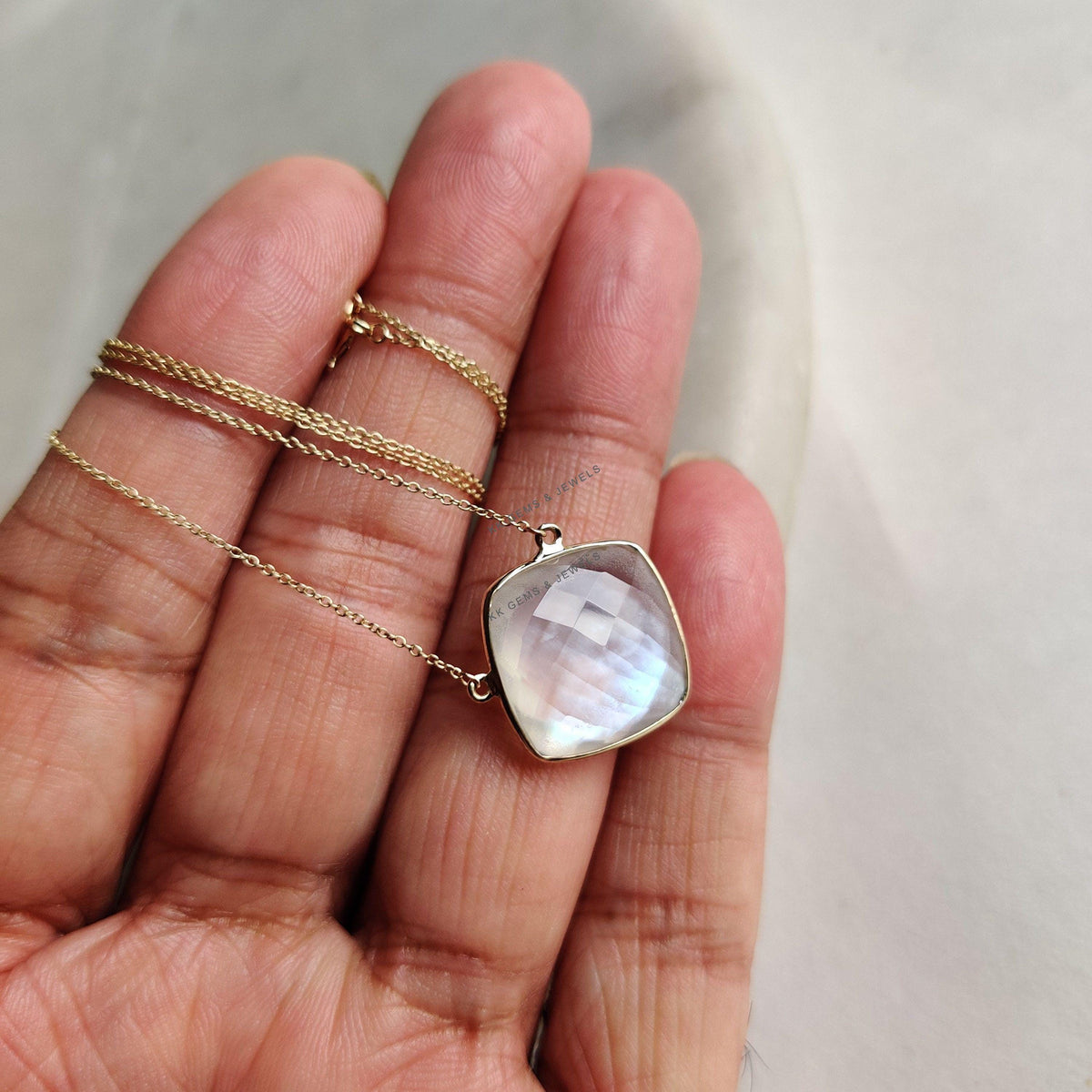Natural Mother Of Pearl & Clear Quartz Necklace, 14K Solid Yellow Gold Chain Necklace, June Birthstone, Christmas Present