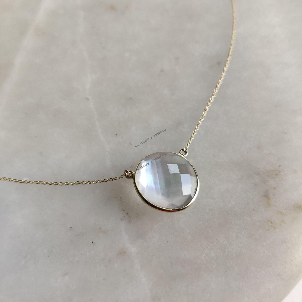 Natural MOP & Clear Quartz Doublet Pendant, 14K Solid Gold Bezel Necklace, June Birthstone, Christmas Present