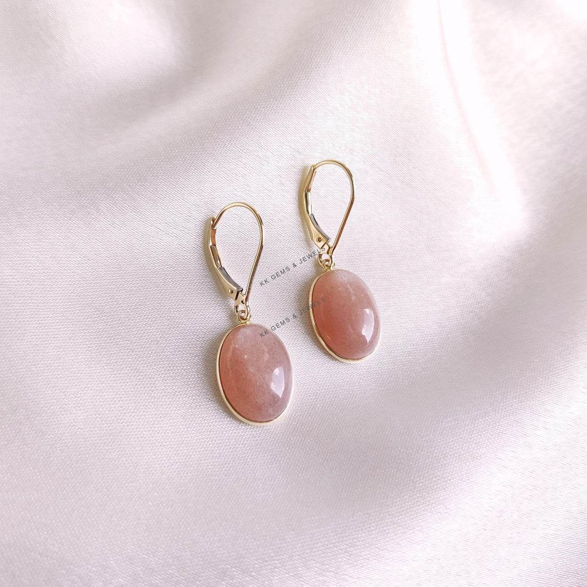 14K Solid Yellow Gold Natural Peach Moonstone Earrings, June Birthstone, Christmas Present
