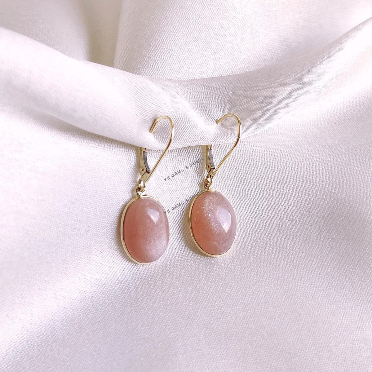 14K Solid Yellow Gold Natural Peach Moonstone Earrings, June Birthstone, Christmas Present