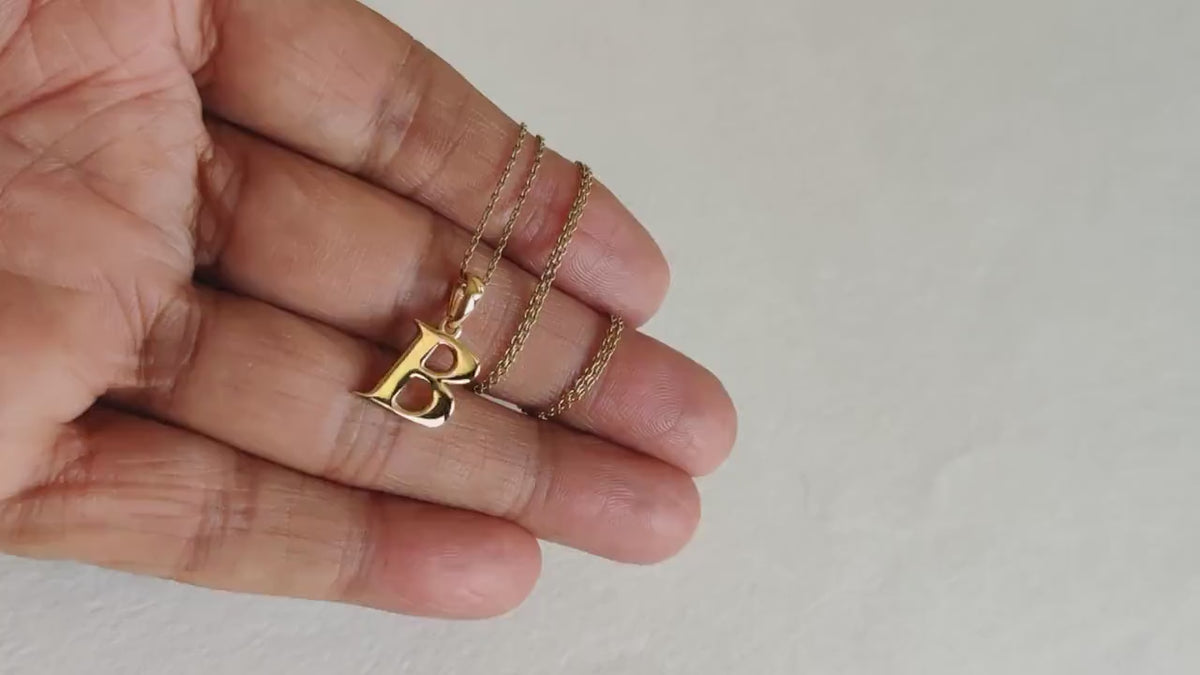 14K Solid Yellow Gold Initial B Pendant, Letter Charm