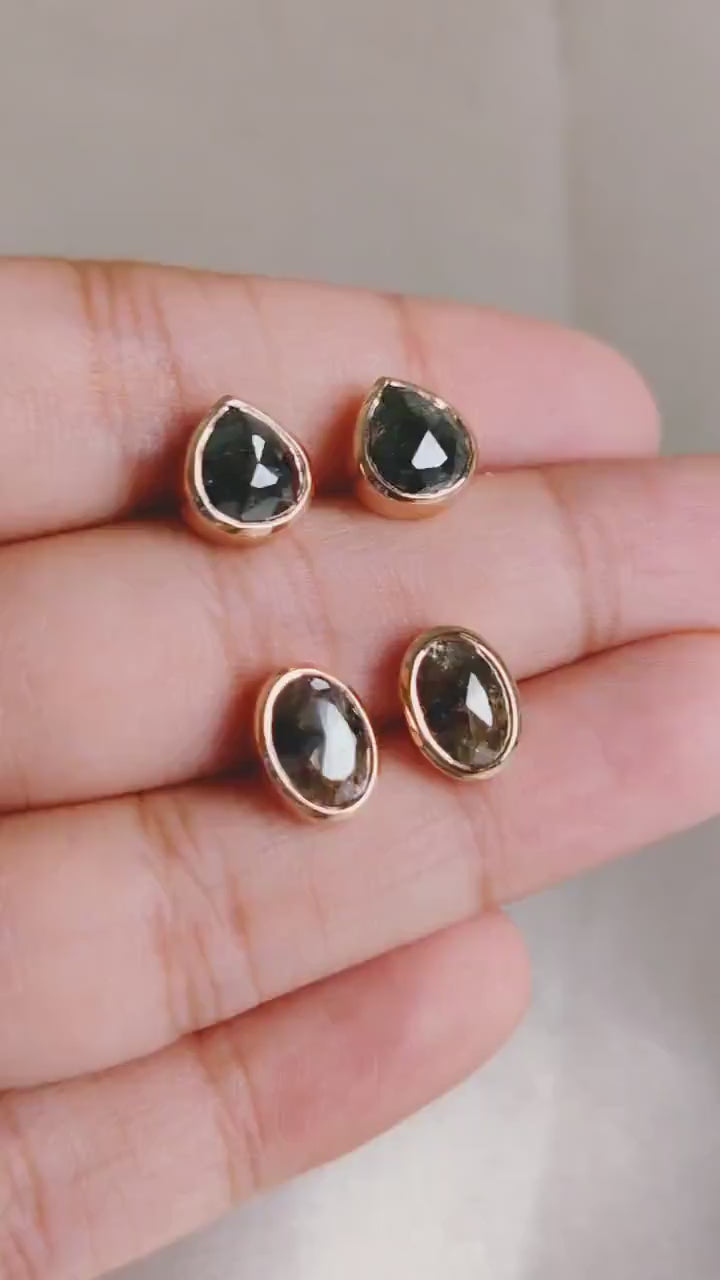 14K Solid Rose Gold Natural Salt & Pepper Diamond Earrings: Unique Oval Gemstone