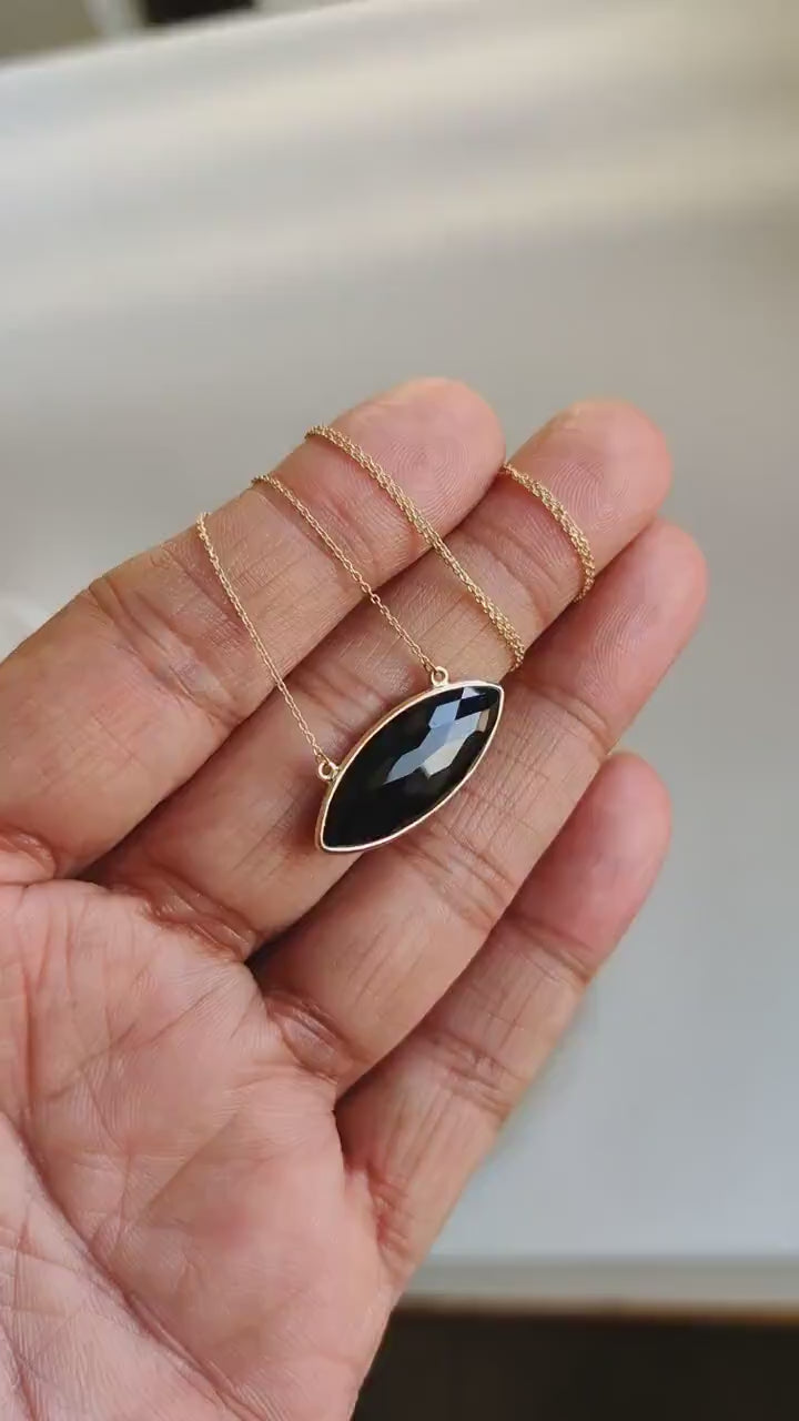 14K Solid Yellow Gold Natural Black Onyx Marquise Necklace- December Birthstone
