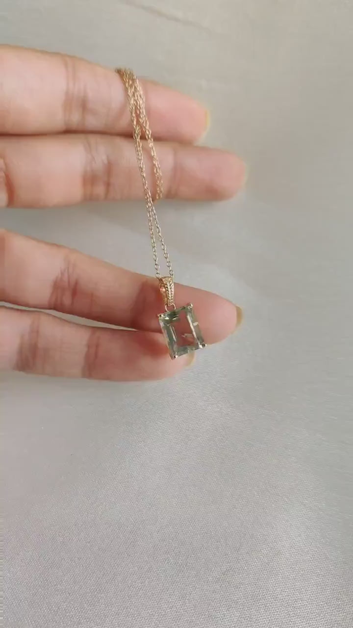 Natural Green Amethyst Pendant, 14K Solid Yellow Gold, February Birthstone