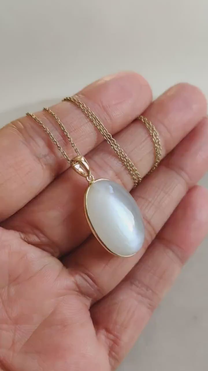 14K Solid Yellow Gold Oval Natural White Moonstone Pendant, June Birthstone