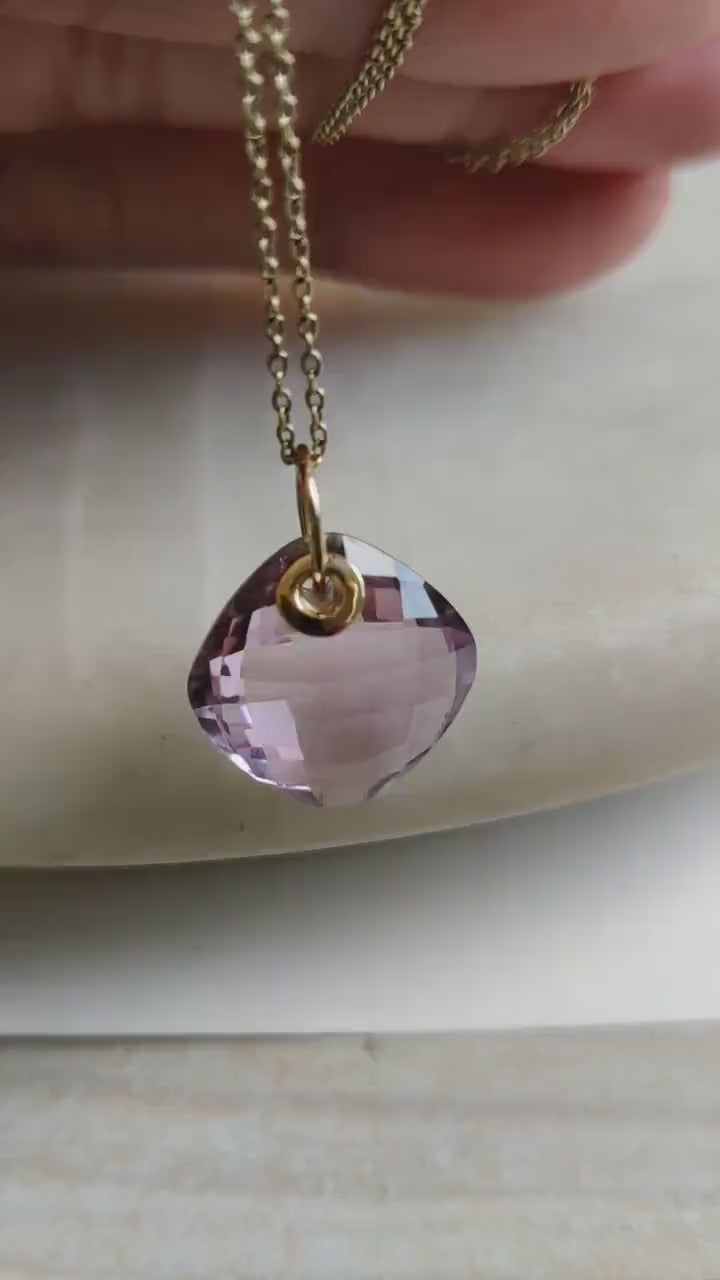 14K Solid Yellow Gold Natural Pink Amethyst Square Cushion Brio Pendant, February Birthstone Drill