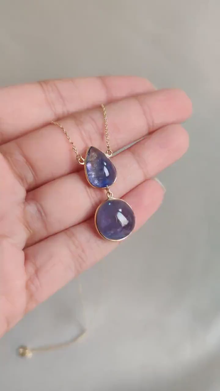 Natural Bi-Color Tanzanite Necklace: 14K Solid Yellow Gold Bezel Pendant, December Birthstone