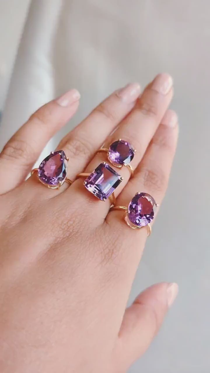 Natural Purple Amethyst Ring, 14K Solid Yellow Gold Amethyst Ring, February Birthstone, Anniversary Gift
