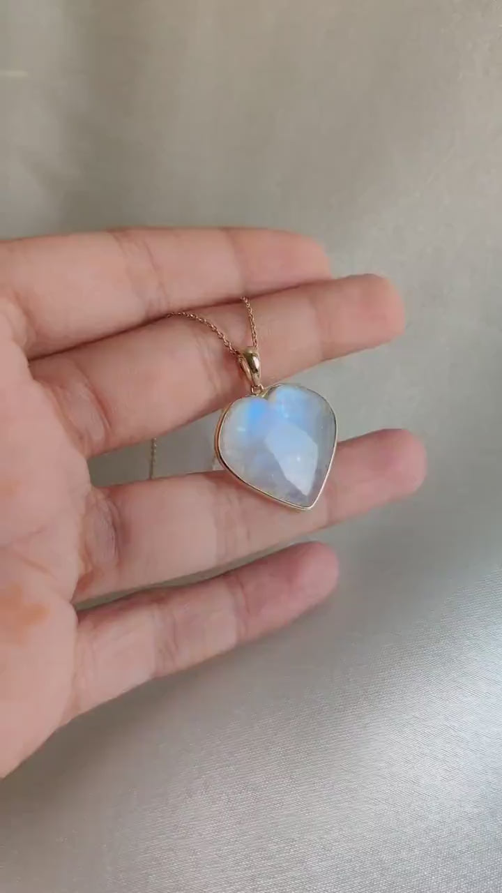 14K Solid Gold Natural Rainbow Moonstone Heart Pendant - June Birthstone
