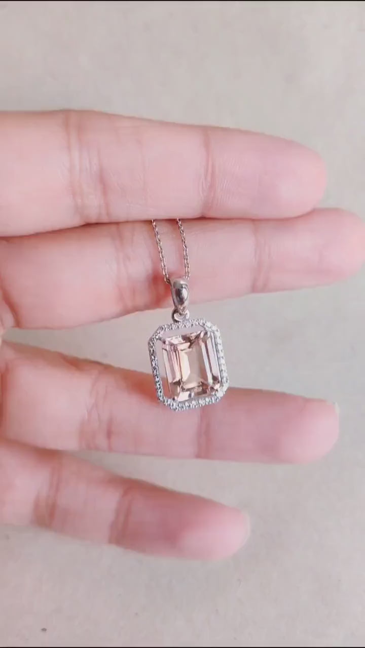 Natural Morganite & Diamond Pendant, 14K Solid White Gold Pendant, November Birthstone,