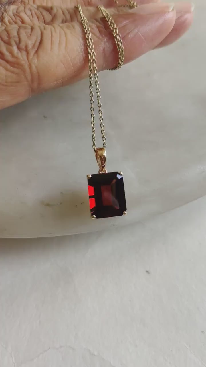 14K Solid Yellow Gold Natural Garnet Octagon Pendant, January Birthstone