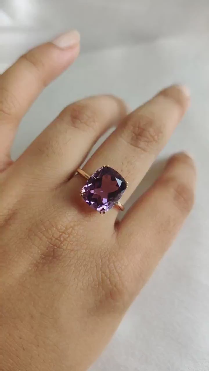 14K Solid Yellow Gold Natural Purple Amethyst Ring, Cushion Cut, February Birthstone