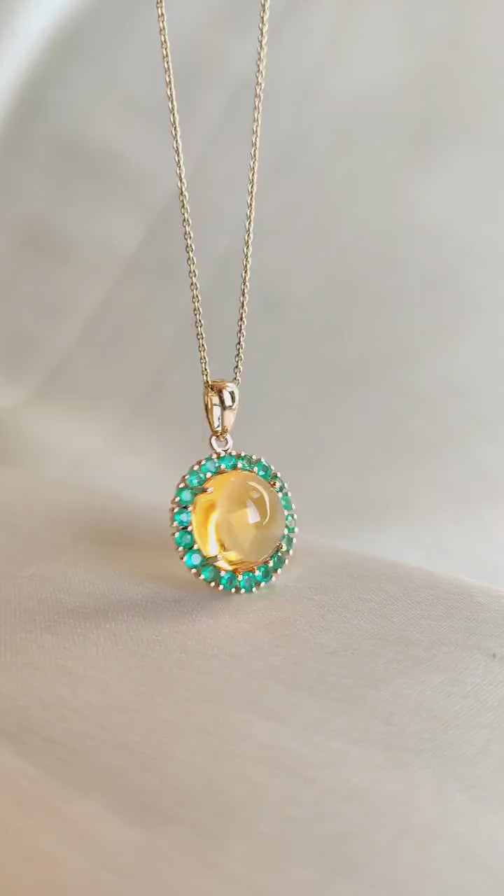 Natural Citrine & Emerald Pendant, 14K Solid Yellow Gold, Halo Jewelry