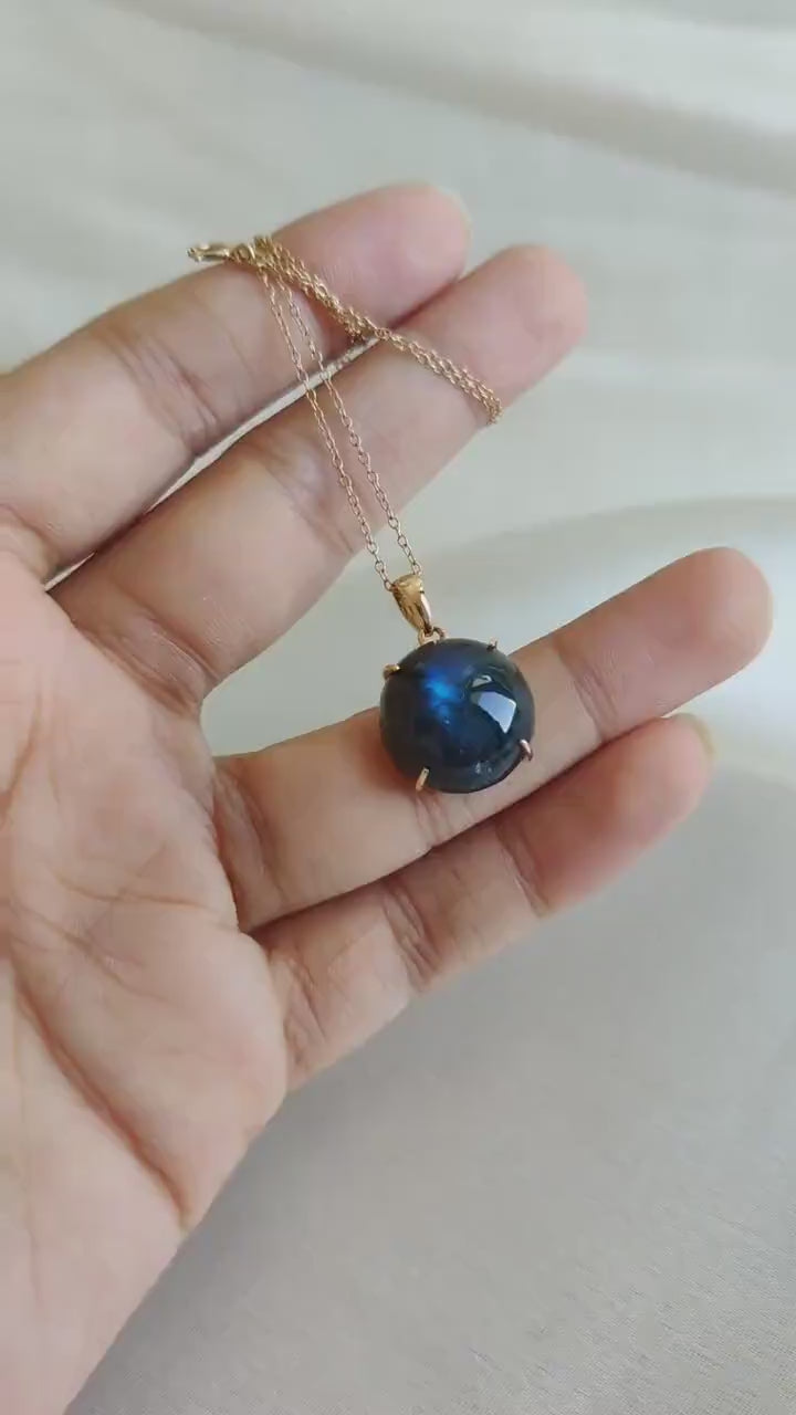 Natural Blue Labradorite Pendant: 14K Solid Yellow Gold, November Birthstone