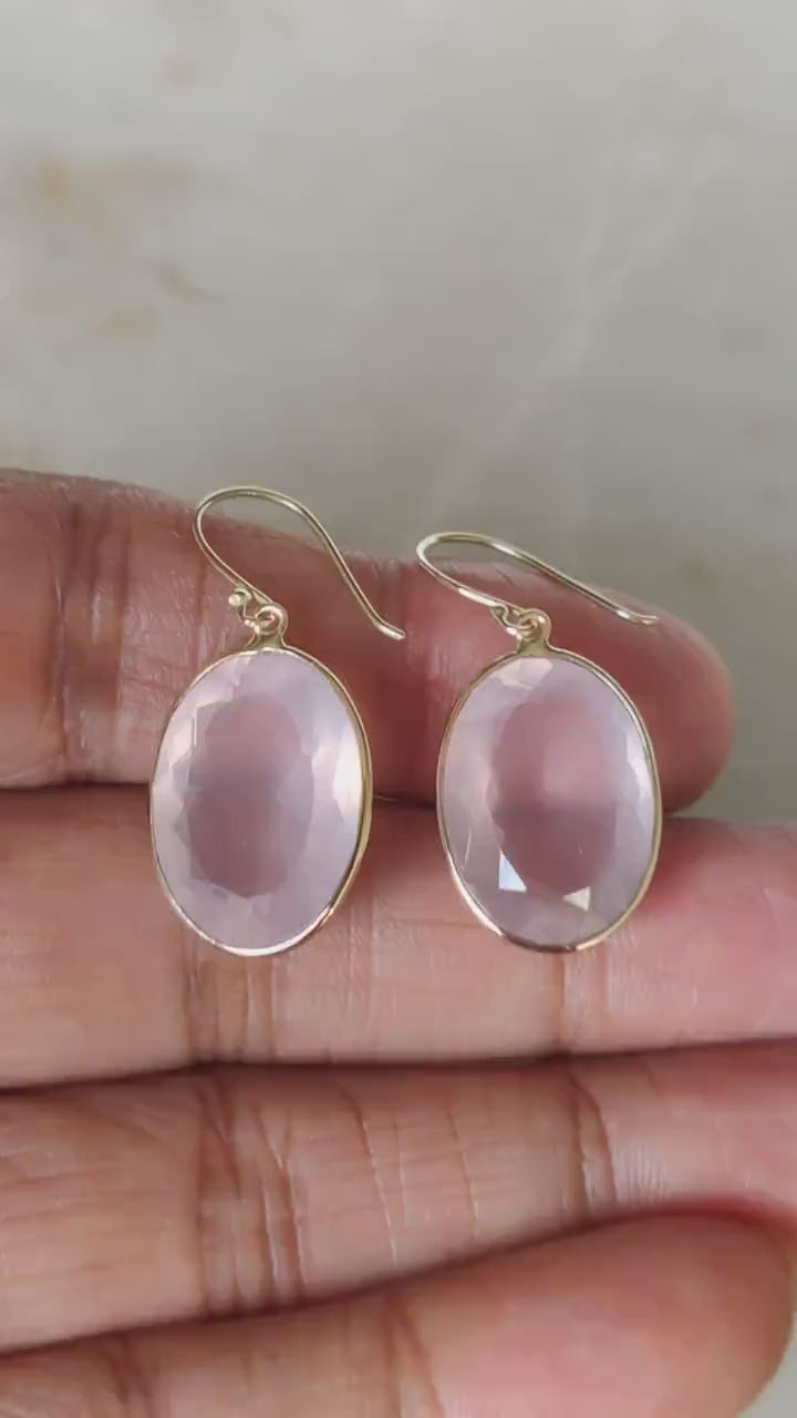 14K Solid Yellow Gold Natural Rose Quartz Drop Earrings - January Birthstone