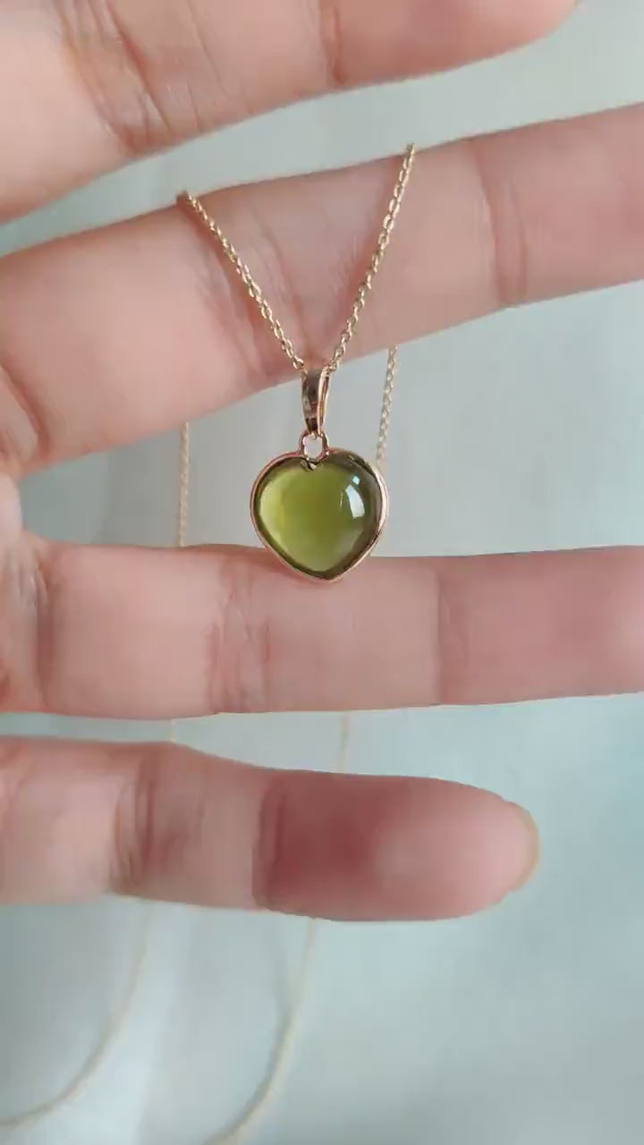 14K Solid Yellow Gold Natural Peridot Heart Pendant: August Birthstone Jewelry, Christmas Present