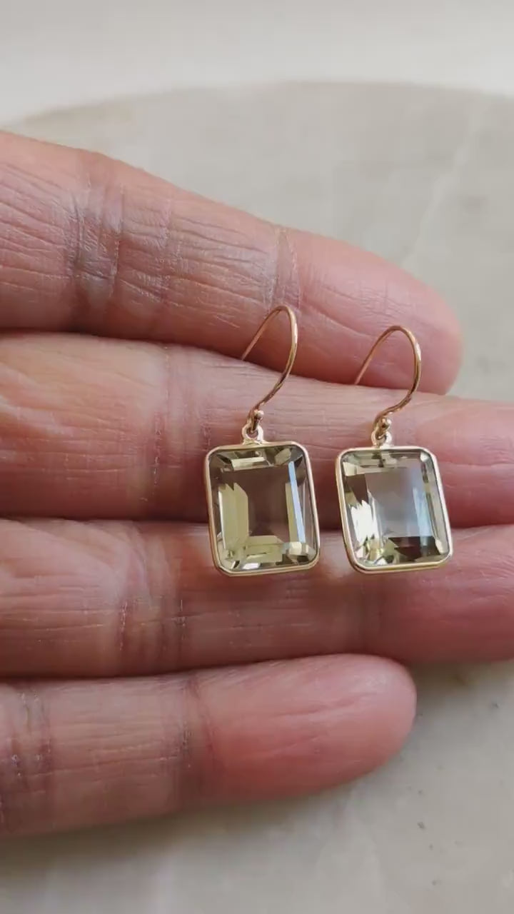 Natural Green Amethyst Octagon Earrings, 14K Solid Yellow Gold Bezel, February Birthstone