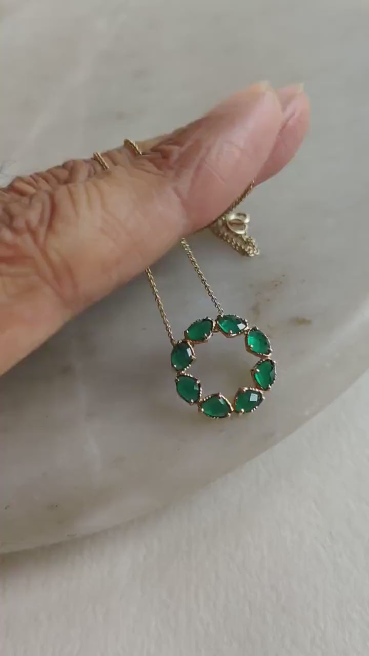 14K Solid Gold Natural Green Onyx Fancy Chain Necklace, May Birthstone