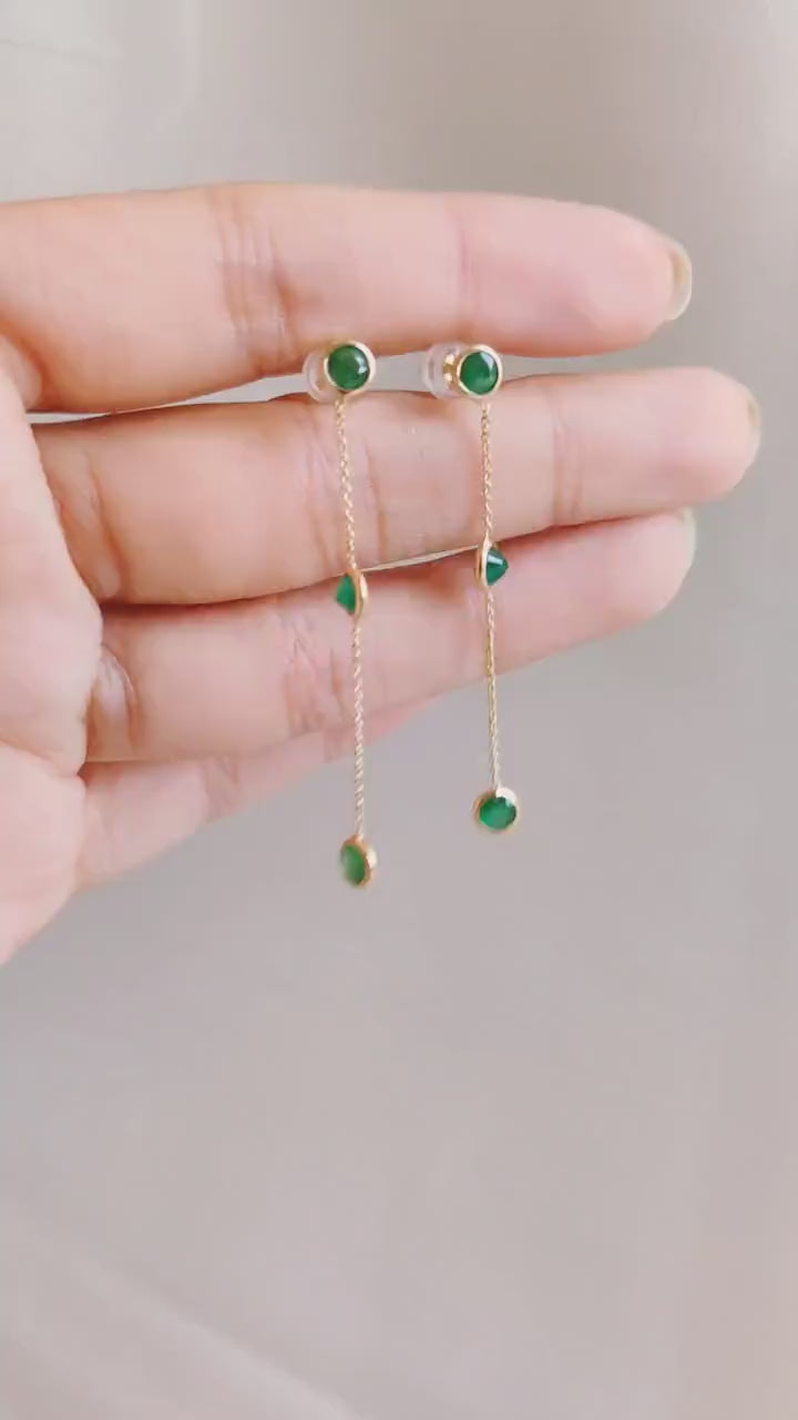 14K Solid Yellow Gold Natural Emerald Drop Earrings, May Birthstone Danglers, Christmas Present