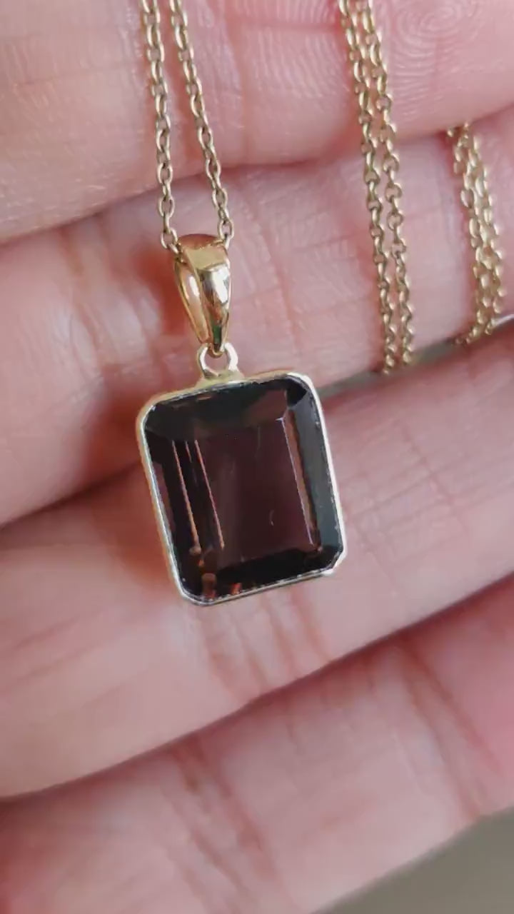 Natural Smoky Quartz Octagon Bezel Pendant, 14K Solid Yellow Gold, June Birthstone