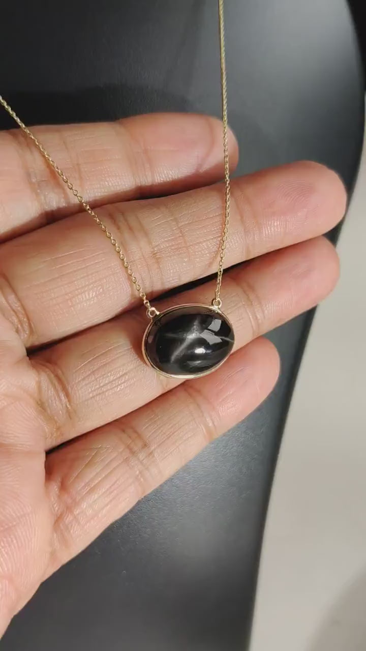 14K Solid Yellow Gold Natural Black Star Diopside Pendant Necklace, March Birthstone