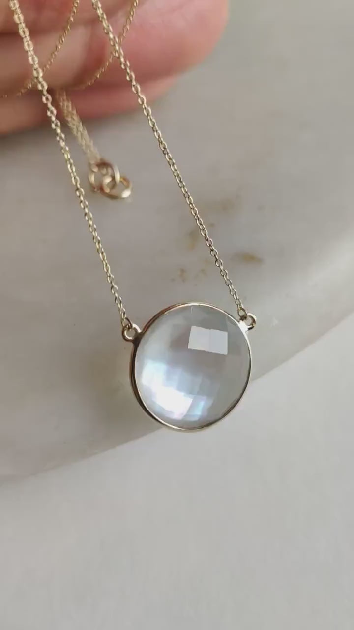 Natural MOP & Clear Quartz Doublet Pendant, 14K Solid Gold Bezel Necklace, June Birthstone, Christmas Present