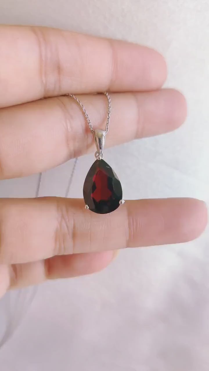 Pear Natural Garnet Pendant, 14K Solid White Gold, January Birthstone