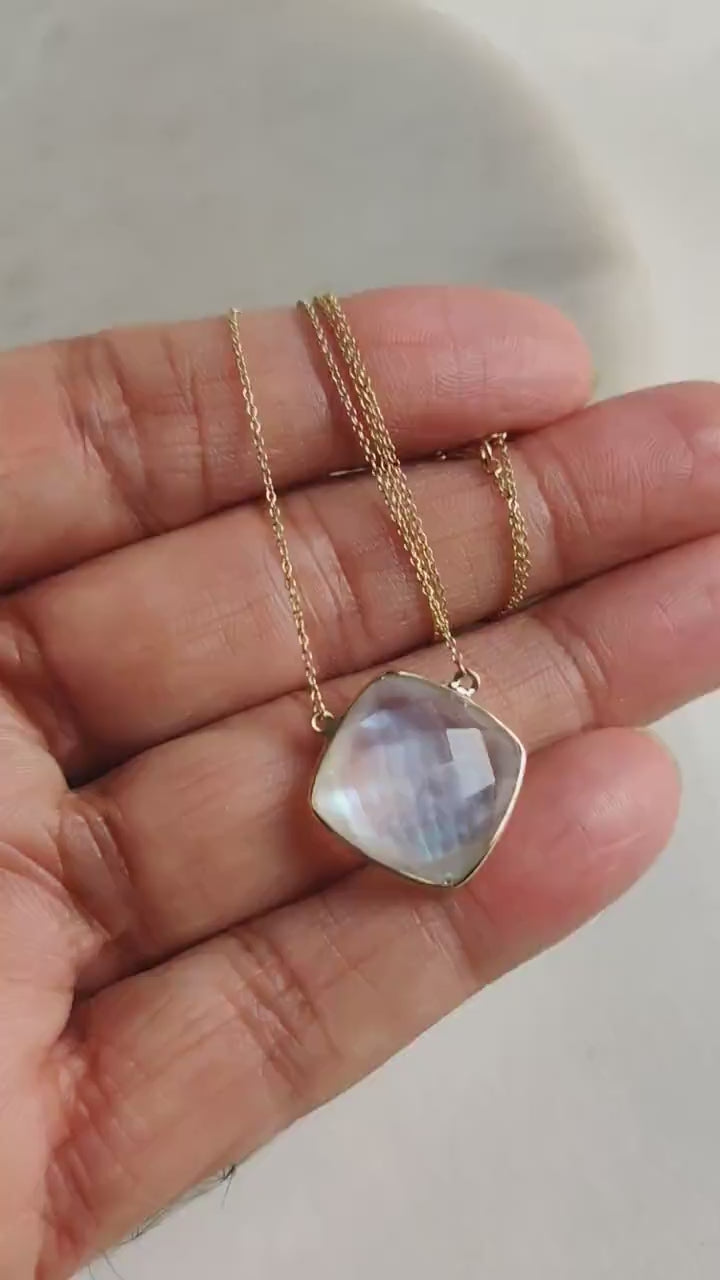 Natural Mother Of Pearl & Clear Quartz Necklace, 14K Solid Yellow Gold Chain Necklace, June Birthstone, Christmas Present