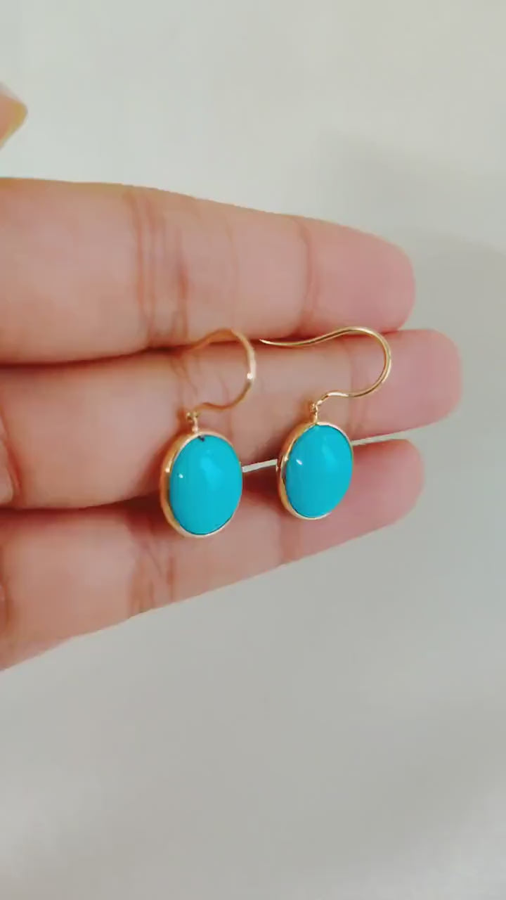 Natural Sleeping Beauty Turquoise Earrings, 14K Solid Yellow Gold, December Birthstone