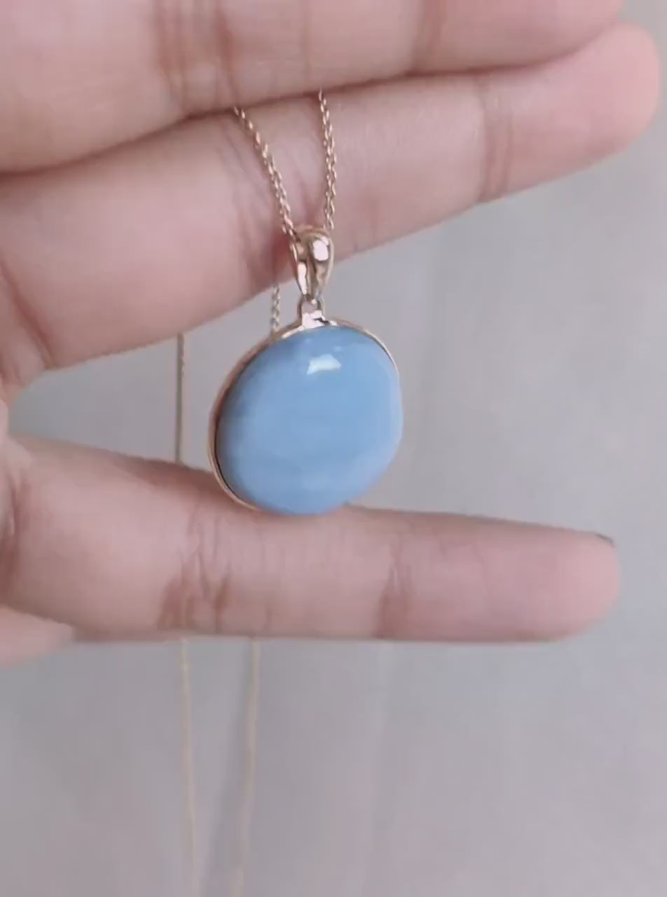 Natural Blue Opal Pendant, 14K Solid Yellow Gold Bezel Pendant, October Birthstone, Christmas Present