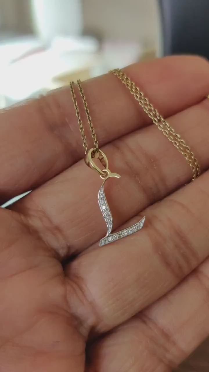 14K Gold Initial L Diamond Pendant, Solid Yellow Gold Charm