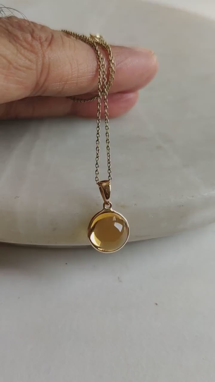 14K Solid Gold Round Natural Citrine Pendant, November Birthstone Jewelry