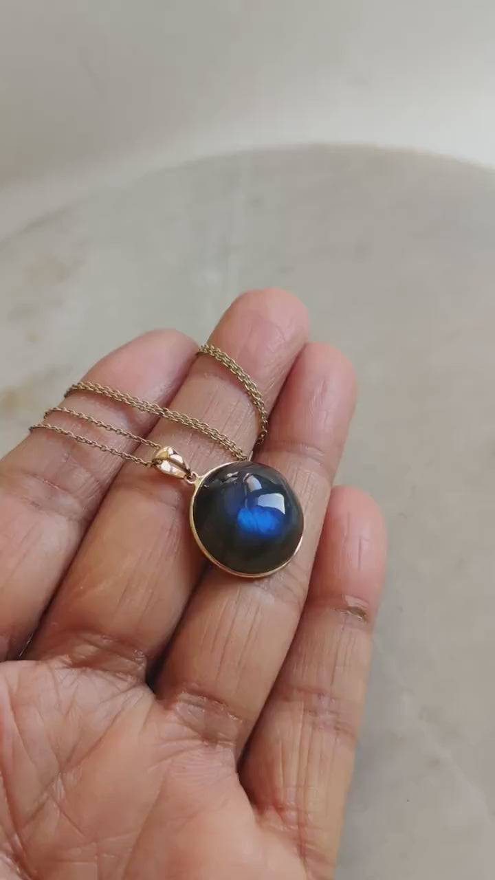 14K Solid Gold Natural Labradorite Pendant: Round Cabochon Bezel Setting