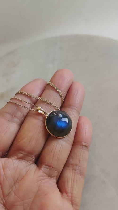 14K Solid Gold Natural Labradorite Pendant: Round Cabochon Bezel Setting