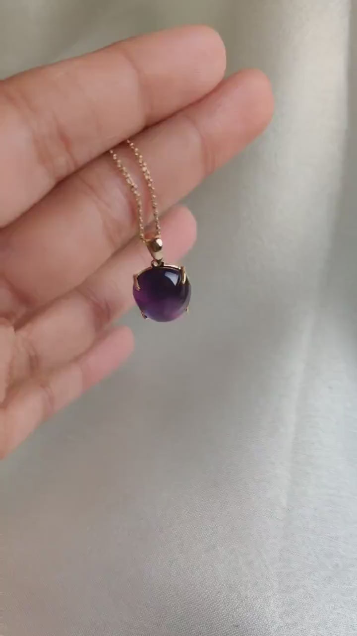 14K Solid Yellow Gold Oval Natural Purple Amethyst Pendant, February Birthstone