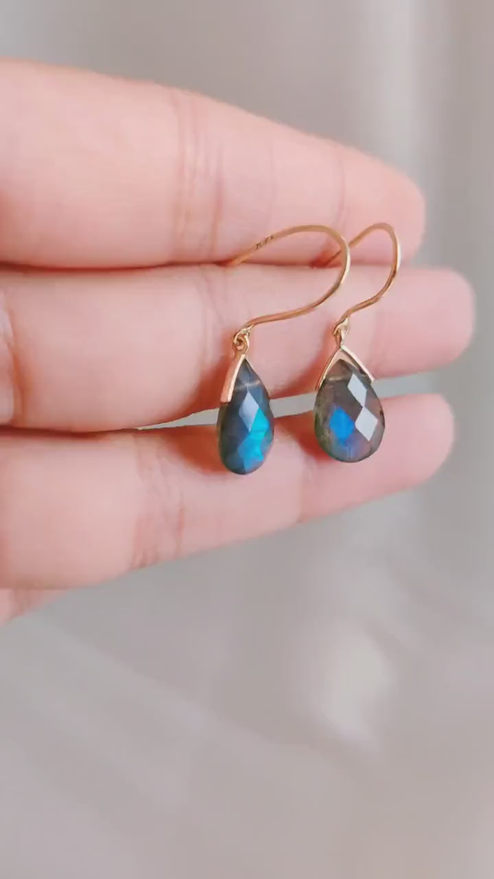 14K Solid Yellow Gold Natural Labradorite Earrings, Pear Drop Gemstone, August Birthstone