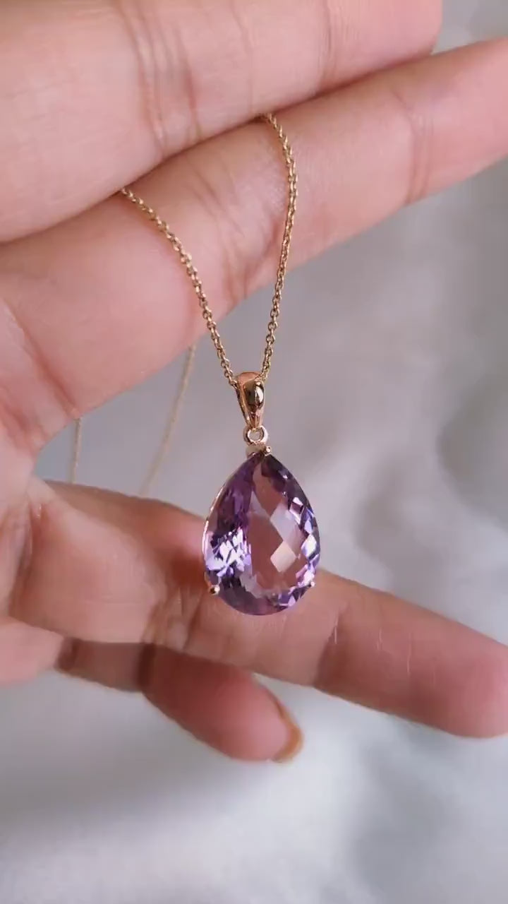 14K Solid Gold Natural Purple Amethyst Pendant: Pear Cut February Birthstone