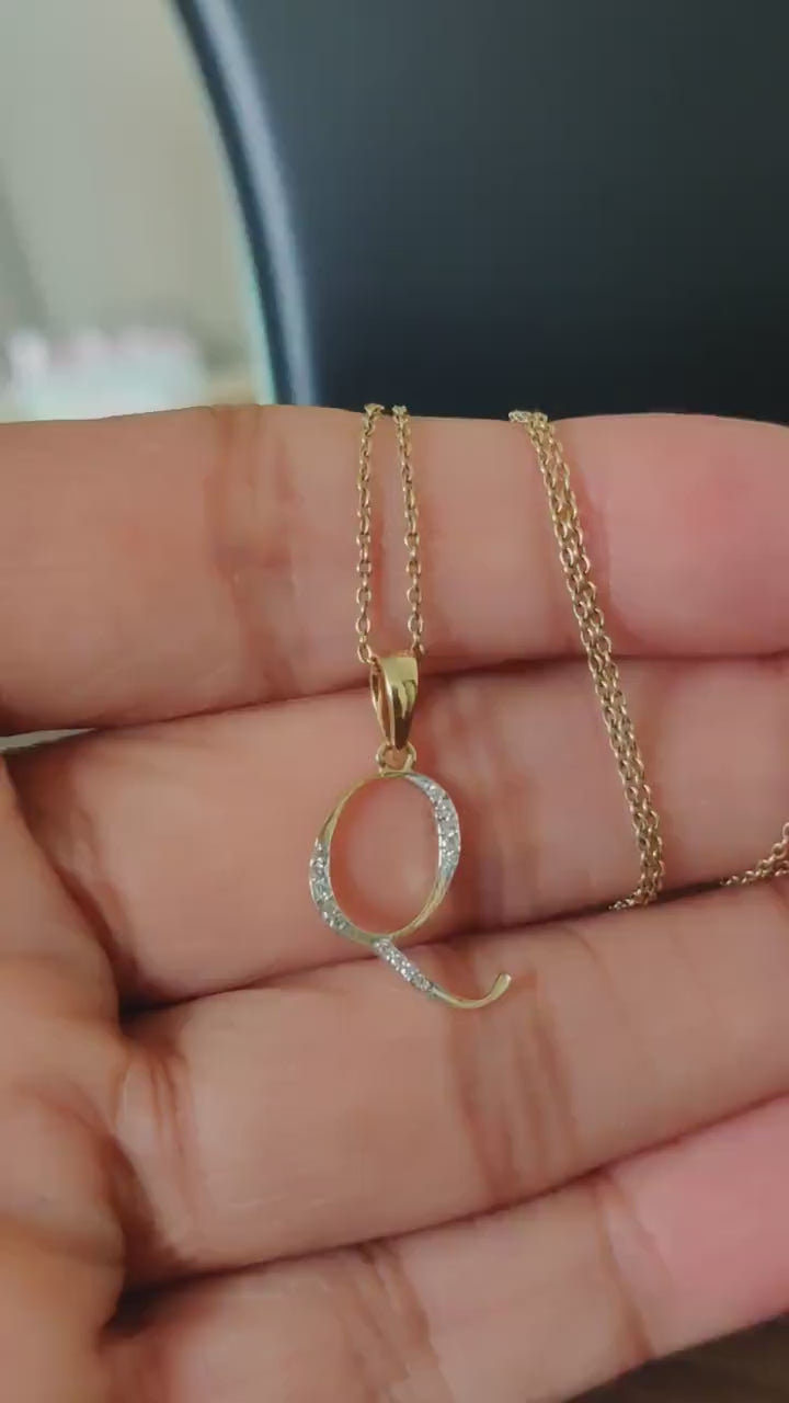 14K Solid Gold Initial Q Diamond Pendant, Personalised Birthday Gift