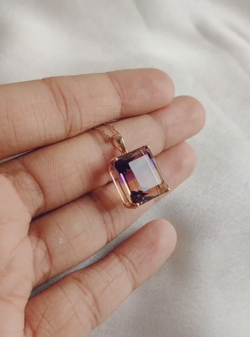 14K Solid Gold Natural Ametrine Pendant, Rectangle Gemstone, Birthstone Jewelry
