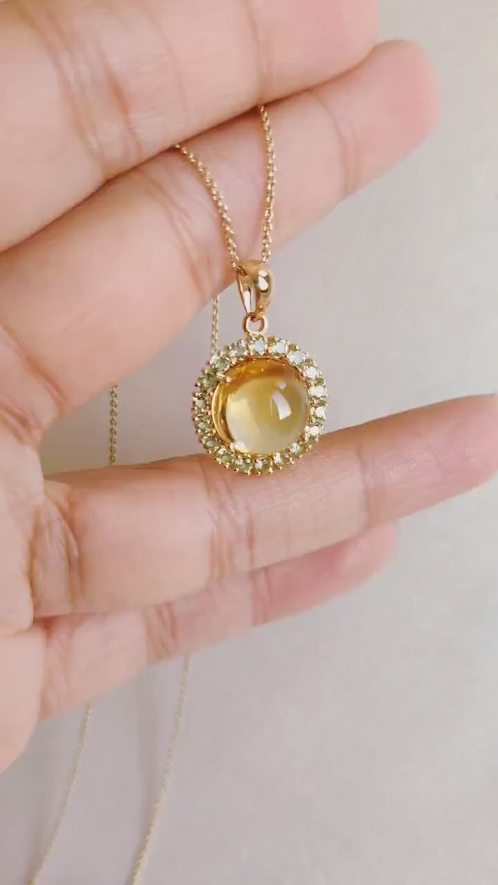 14K Solid Gold Natural Citrine & Peridot Pendant, November August Birthstone Halo Pendant