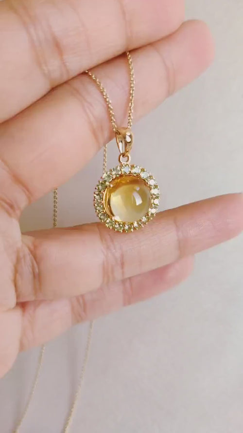14K Solid Gold Natural Citrine & Peridot Pendant, November August Birthstone Halo Pendant