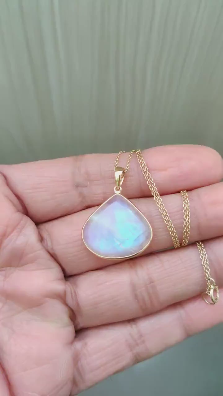 14K Solid Gold Natural Rainbow Moonstone Pendant: Pear Cabochon, June Birthstone