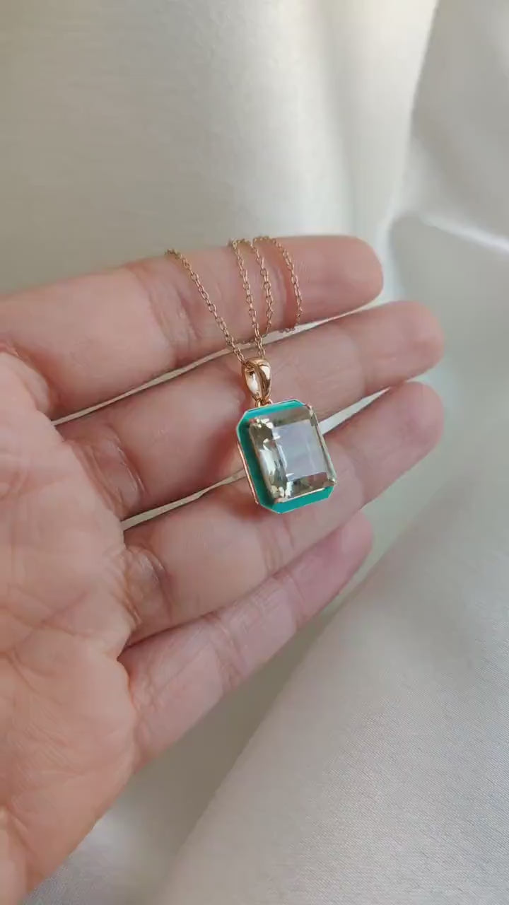 Natural Green Amethyst Enamel Pendant, 14K Solid Yellow Gold, February Birthstone